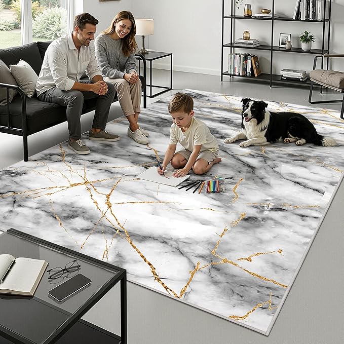 Merelax 4x6 Area Rug for Livingroom Bedroom - Washable Non-Slip Abstract Grey Rug, Indoor Floor Carpet Low Pile Soft Rug for Entryway, Mudroom, Kitchen, Modern Aesthetic Home Decor, Gray&Gold