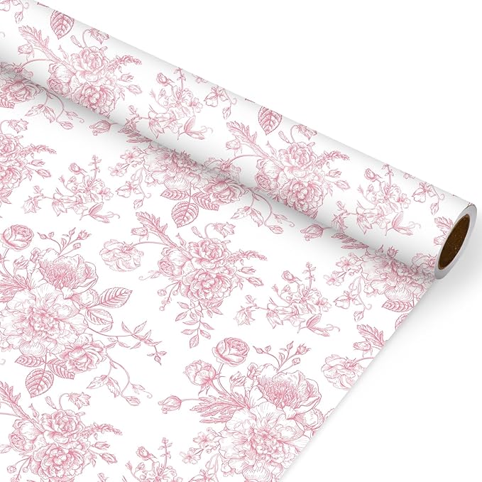 JarThenaAMCS Floral Wrapping Paper Mini Roll 17in x 32.8Ft Pink White Flowers Gift Wrap Paper for Birthday Wedding Baby Shower Party Wrapping Supplies