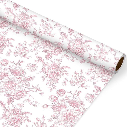 JarThenaAMCS Floral Wrapping Paper Mini Roll 17in x 32.8Ft Pink White Flowers Gift Wrap Paper for Birthday Wedding Baby Shower Party Wrapping Supplies