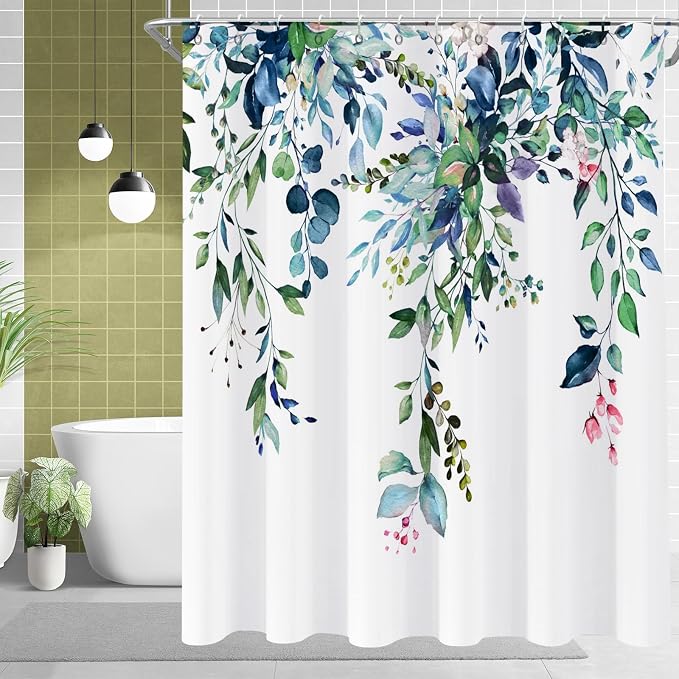 Eucalyptus Extra Long Shower Curtain, Watercolor Green Leaves Plant Floral Spring Nature Waterproof Fabric Machine Washable with Hooks for Bathroom Bathtub Decor 72Wx84H