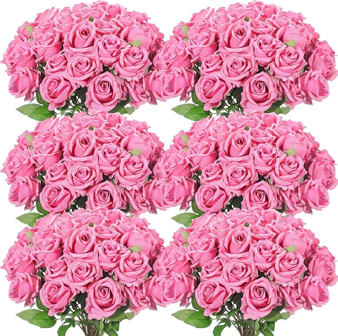 Jexine 50 Pcs Artificial Rose Flower Bulk Realistic Silk Fake Roses with Long Stem Plastic Artificial Flower Bouquet Real Looking for Home Wedding Centerpieces Party Decoration(Dark Pink Champagne)