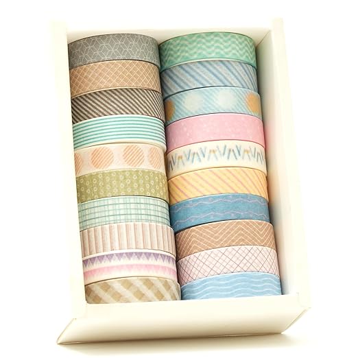 Songdao 20 Rolls Basic Washi Tape Set Japanese Arts Adhesive Tapes Simple Patterns Decorative Masking Tape Sets for Craft, Kids, Scrapbook, DIY, Gift Wrapping (Style Two)