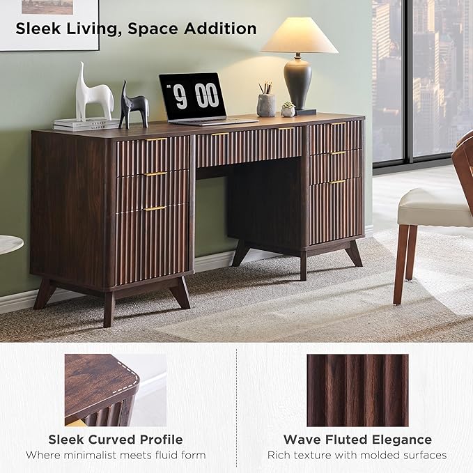 T4TREAM Fluted Executive Desk with Drawers, 60" Modern Home Office Computer Desk with Charging Station, File Cabinet, Keyboard Tray and Storage Cabinet for Study, Living Room, Bedroom, Dark Walnut