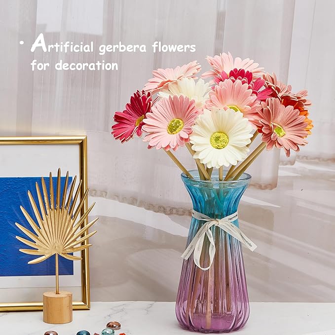 WILLBOND 12 Pieces Artificial Gerbera Daisies Flowers Fake Daisy Faux Boho Daisy Flowers Bouquet 15 in for Boho Birthday Decorations Wedding Home Decor (White,Pink,Yellow,Orange,Rose,Coral)