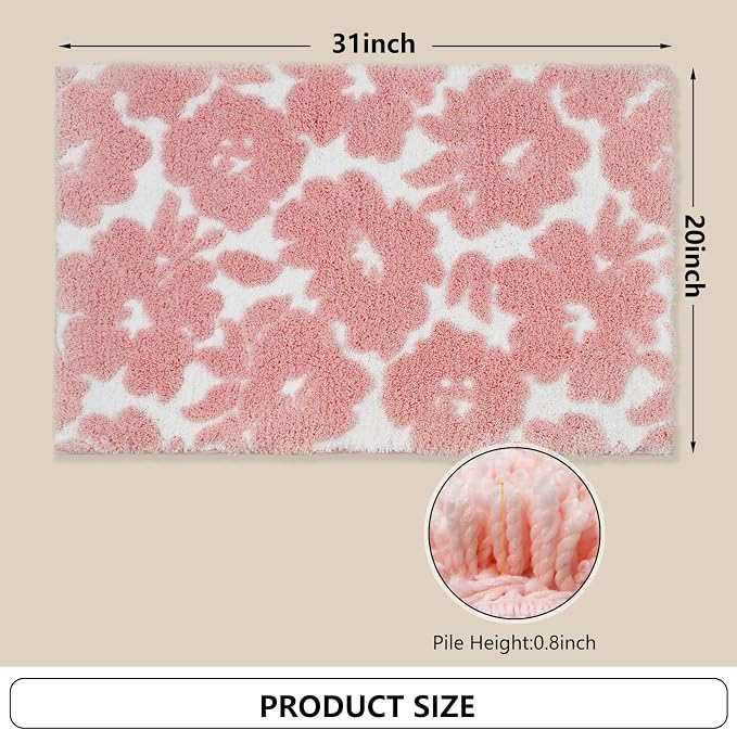 Civkor Pink and White Bathroom Rug, Tufted Flower Bath Mat for Bathroom with Non Slip TPR Backing, Quick Dry Microfiber Surface, Soft and Super Water Absorbent Bath Rug, 31x20Inch