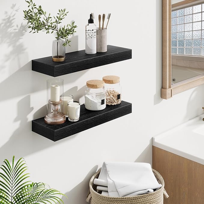 Fun Memories Floating Shelves Bathroom for Wall Mounted Shelves, 20 Inch Wood Shelf Set of 2, Home Storage & Display Decor, Black