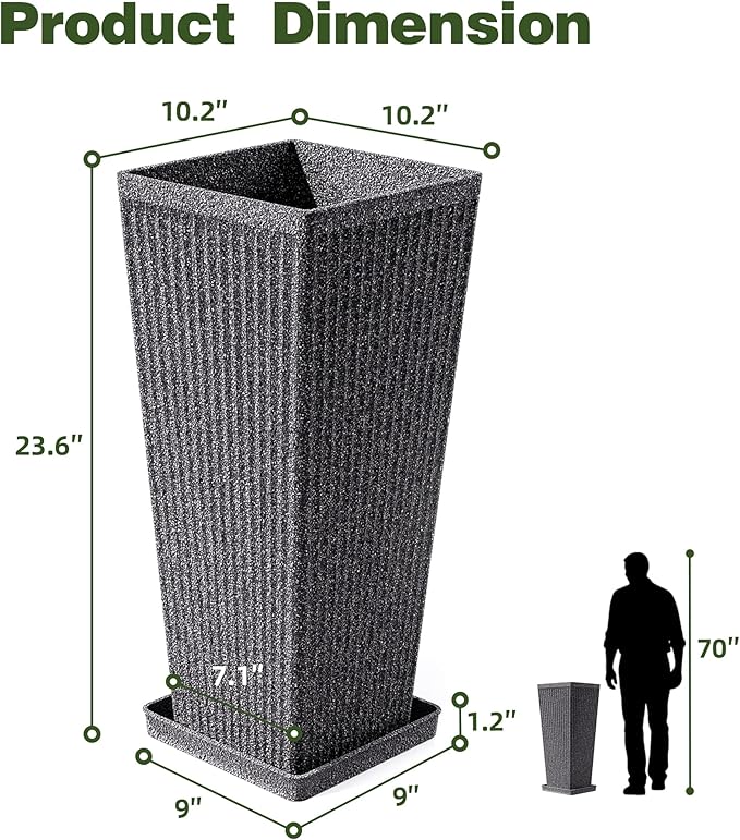 Square Tall Planters for Outdoor Plants Set of 2-23.6" Heavy-Duty Classic Tapered Indoor Flower Pots with Drainage Holes/Partition/Tray, Large Outdoor Planters for Porch Patio Garden, Grey