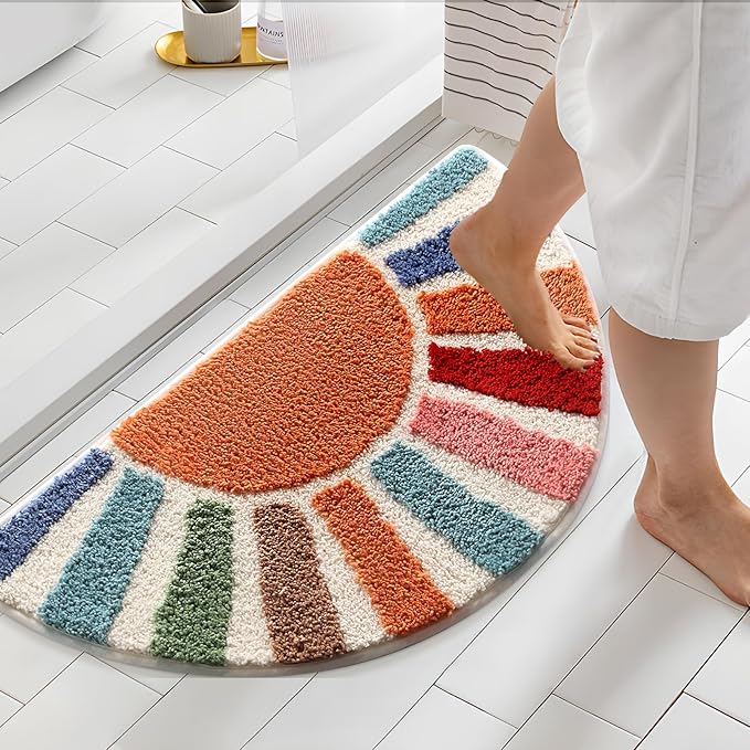Boho Bathroom Rugs Cute Half Circle Bath Mat 20x37 Inch, Soft and Absorbent Tufted Bohemian Sun Bath Mat Non Slip Washable, Boho Bathroom Decor Rug Colorful Decorations