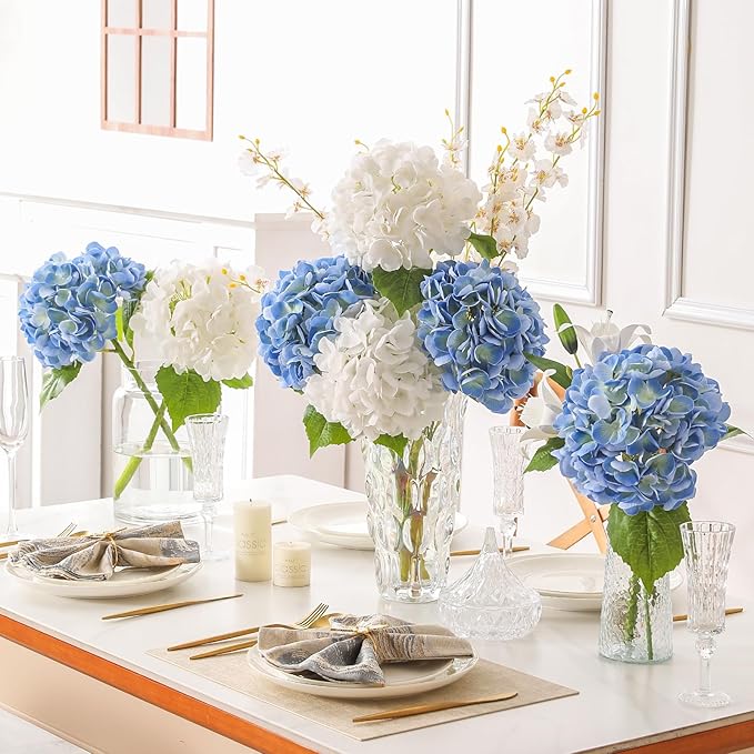 4Pcs Hydrangea Artificial Flowers, 22.44" Real Touch Latex Faux Hydrangea with Long Stems & Leaves for Home Office Decor or Wedding, Party, Centerpieces, Floral Arrangements (Blue)