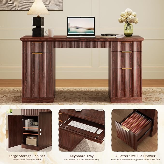 FURSUN 58" Fluted Modern Desk with Storage, Home Office Desk with 1 File Cabinet & 5 Drawers, Wood Executive Computer Writing Desk for Study, Living Room, Bedroom(Dark Walnut)