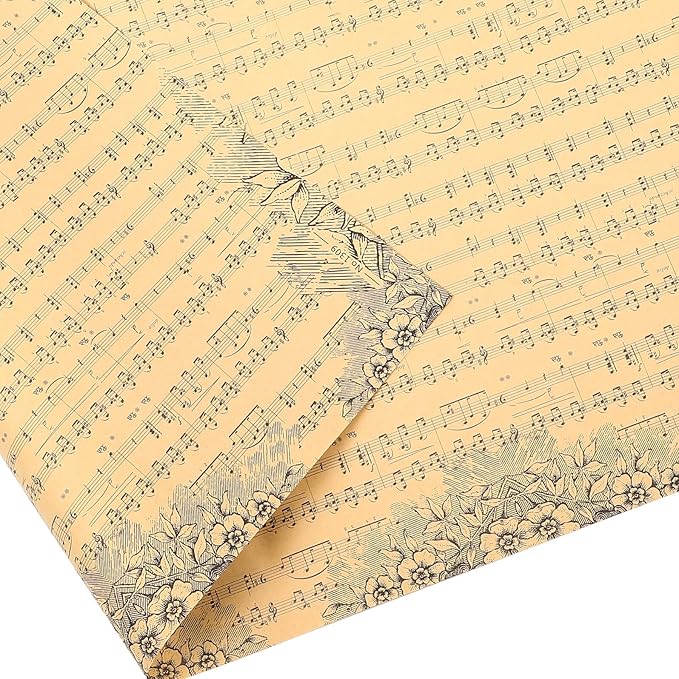 WRITWAA 20 Sheets Vintage Floral Wrapping Paper Bouquet Wraps with Musical Note Pattern Breathable Lightweight Kraft Paper for Wedding Packaging DIY Crafts Flower Decorations