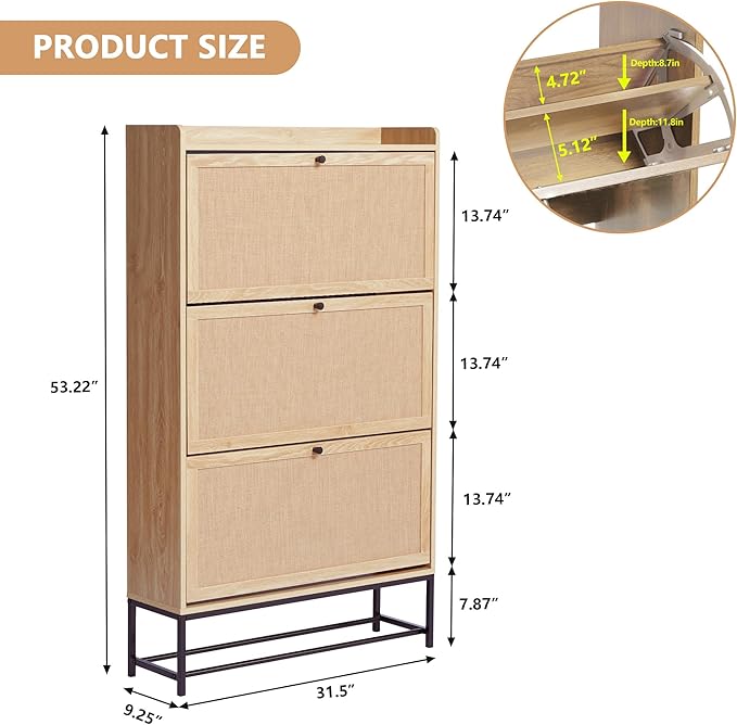 LEVNARY Shoe Cabinet for Entryway, Slim Shoe Cabinet with 3 Flip Drawers Narrow Shoe Storage Cabinet, 4 Tier Freestanding Shoe Organizer for Entryway, Hallway (2, Natural Oak)