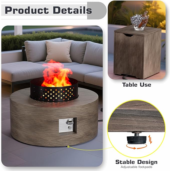 2-Piece 30" Round Propane Fire Pit for Outside Patio with Hidden Tank Table, 50,000 BTU Fireplaces with Wind Guard, Lid, Glass Rocks, Cover(Wood Grain Walnut)