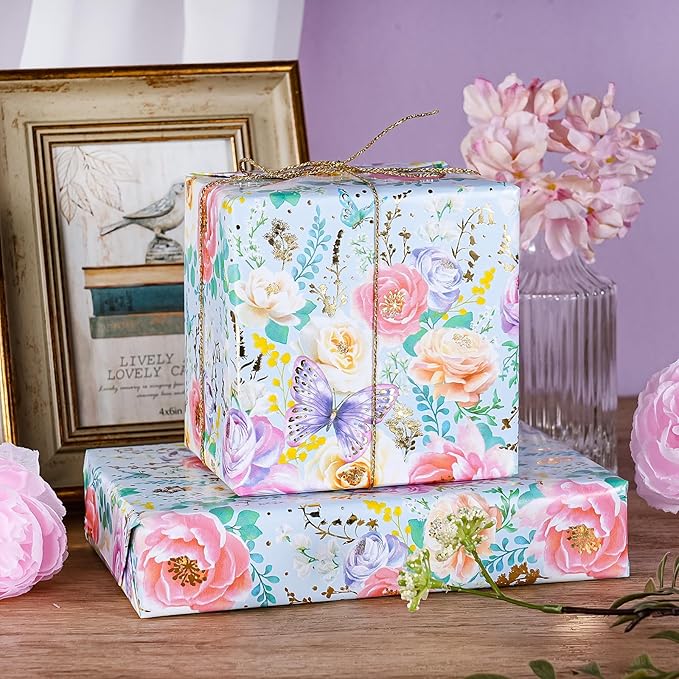 WRAPAHOLIC Floral Wrapping Paper Roll - Mini Roll - 17 Inch x 16.5 Feet - Elegant Gold Foil Butterfly and Flower Wrapping Paper Perfect for Wedding, Birthday, Bridal Shower, Tea Party