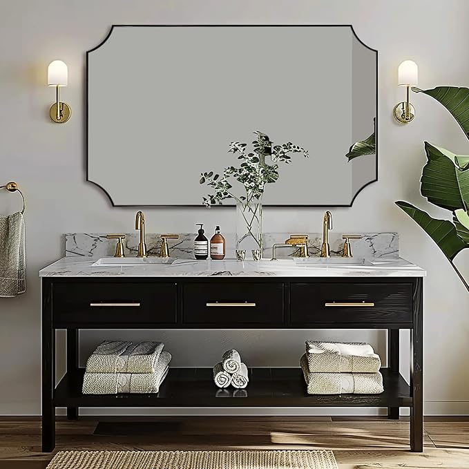 ANDY STAR 30x48 Inch Mirror, Matte Black Bathroom Vanity Mirror, Scalloped Rectangle Mirror in Premium Stainless Steel Metal Thin Frame Deep 1", Large Wall-Mounted Mirror (Horizontal/Vertical)