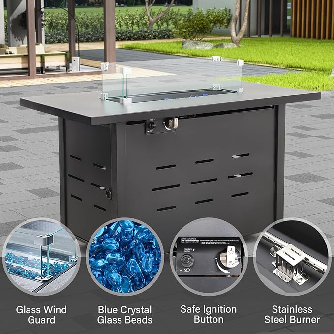 Propane Fire Pit 43 Inch Outdoor Fire Pit 50000 BTU Rectangle Gas Fire Table with Steel Lid, Blue Crystal Beads, Glass Wind Guard and Waterproof Cover for Outside Patio and Garden