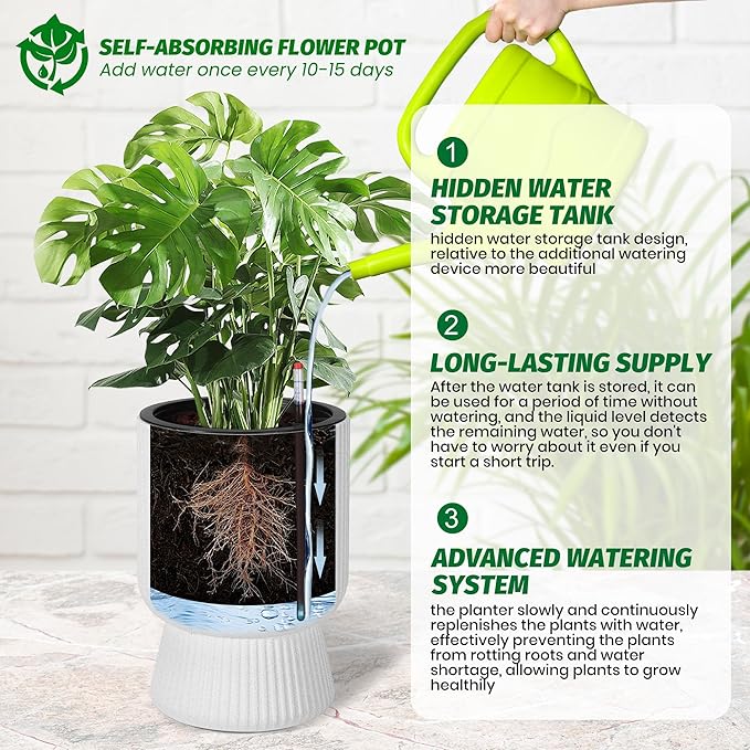 14.2" Tall Planters Set of 2, Plant Pots, Self Watering Pots for Indoor Plants, Flower Pots With Built-In Drainage and a Water Level Monitor, for Patio, Porch, Living Room, or Office, Marble White