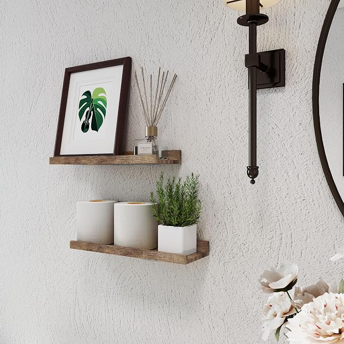 Floating Shelves for Wall Decor, Wall Mounted Wood Storage Shelf for Bedroom, Living Room, Bathroom, Kitchen, Nursery, Rustic Display Picture Ledge Shelf with Lip Set of 2-14 Inches, Brown
