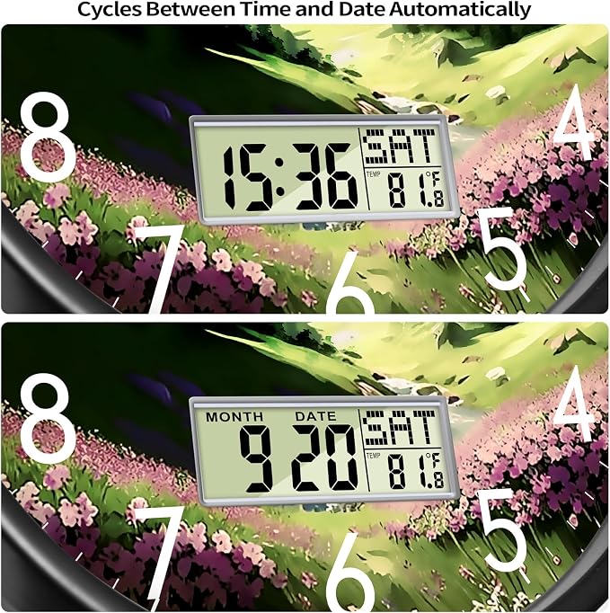 Mountain Wildflowers Wall Clock, 14 Inch Silent Non-Ticking Battery Operated Analog Clock with LCD Date Day Temp Display, Decorative for Living Room, Bedroom, Kitchen, Farmhouse, Cabin