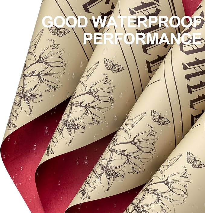 WRAPAHOLIC 20 Sheets Reversible Flower Wrapping Paper - 22 x 22 inch Retro Lettering and Red Water-Resistant Floral Bouquet Wrapping Paper, Florist Supplies Packaging Paper for Wedding Gift DIY