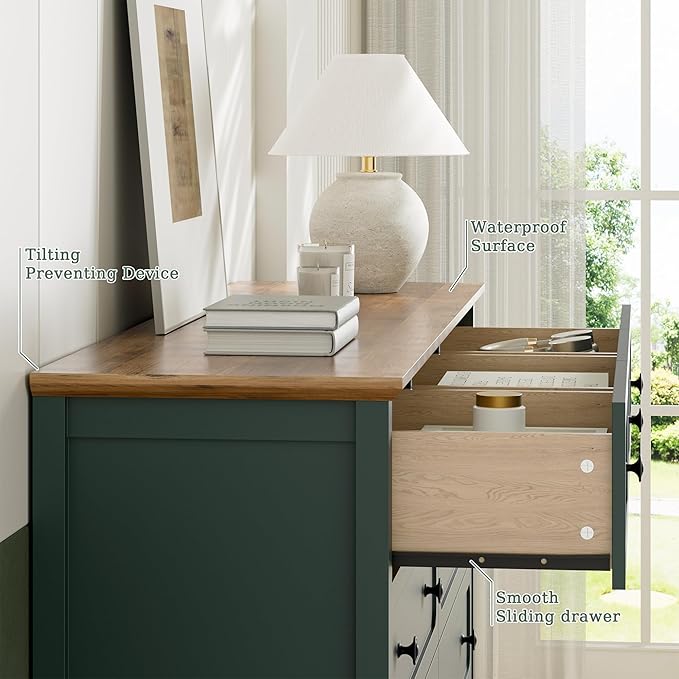 Dresser for Bedoom, Modern Chest of Drawers, Wood 9 Drawer Dresser with Metal Handles, Storage Organizer Wide Dressers for Living Room, Hallway, Entryway, Green