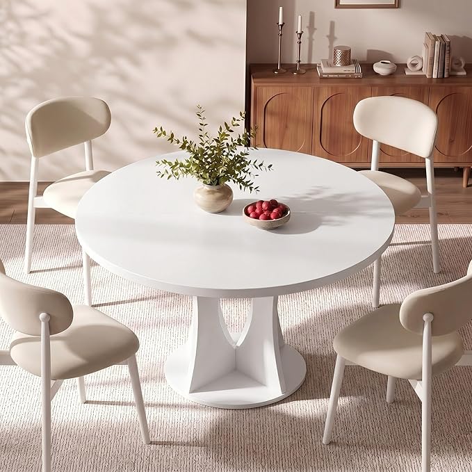 Einhomn 47.2-inch Round Dining Table, Kitchen Table for 4-6, Farmhouse Circle Dining Room Table, Space Saving Wood Kitchen & Dining Room Furniture, White