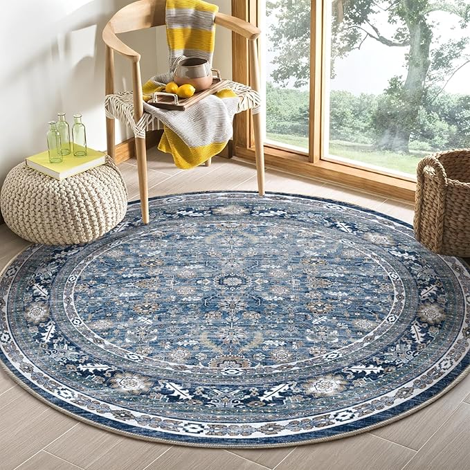 OPPODREAM Vintage Blue Round Rug 5ft, 5 ft Retro Washable Circle Rug Non Slip, Low-Pile Faux Wool Circular Carpet, Distressed Navy Floor Mat for Living Room, Bedroom, Office, Dorm, Dinning Room