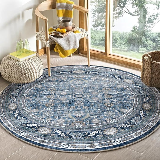 OPPODREAM Vintage Blue Round Rug 5ft, 5 ft Retro Washable Circle Rug Non Slip, Low-Pile Faux Wool Circular Carpet, Distressed Navy Floor Mat for Living Room, Bedroom, Office, Dorm, Dinning Room