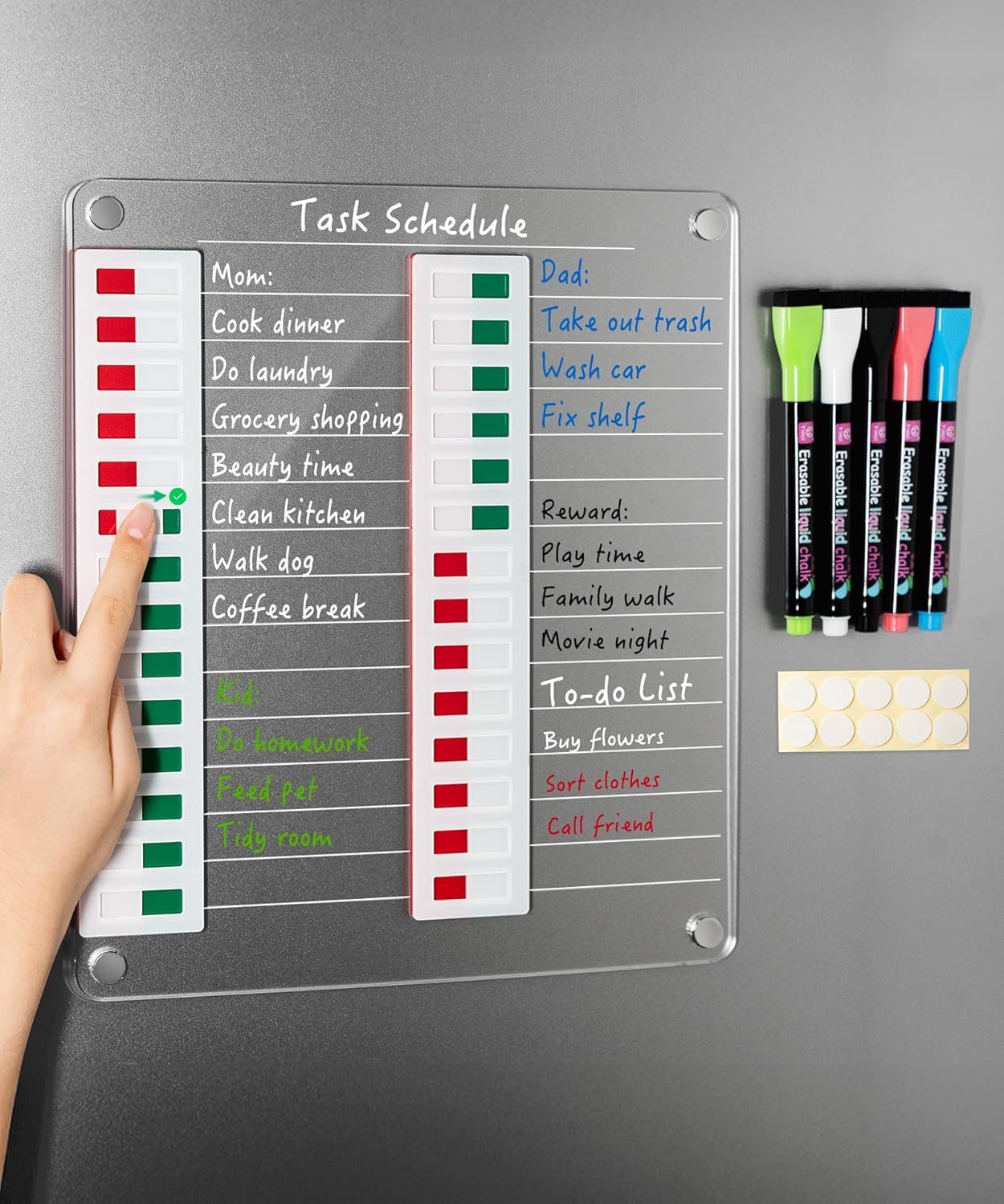 Skiennix Magnetic Acrylic Dry Erase Board - Reusable Fridge To-Do List | 12" x 10" Clear Chore Chart with 5 Markers