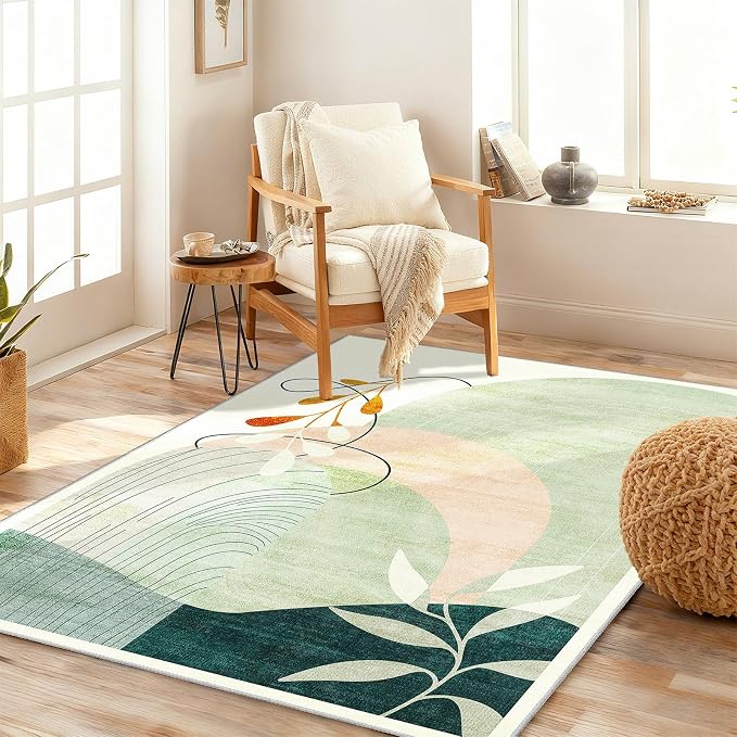 MUJOO 3x5 Washable Rugs,Boho Large Area Rug for Entryway Kitchen Entry Bedroom Bedside Foyer,Small Throw Carpet Indoor Non Slip Mid Century Modern Abstract Botanical Geometric Accent Green