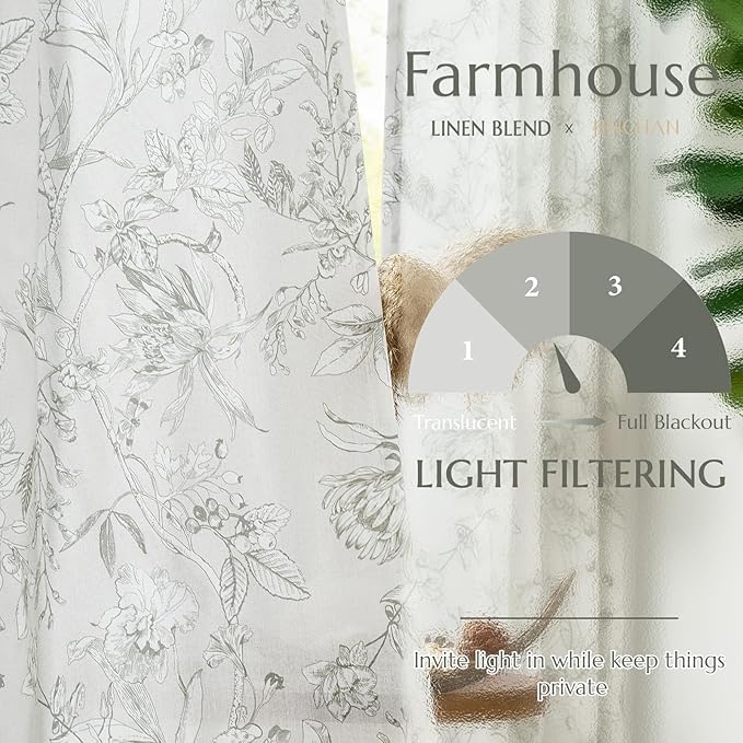 jinchan Floral Curtains 108 Inch Length Charcoal Grey Flower Linen Farmhouse Curtain for Living Room French Country Vintage Curtain Rod Pocket Curtains Set 2 Panels Gray Floral Printed