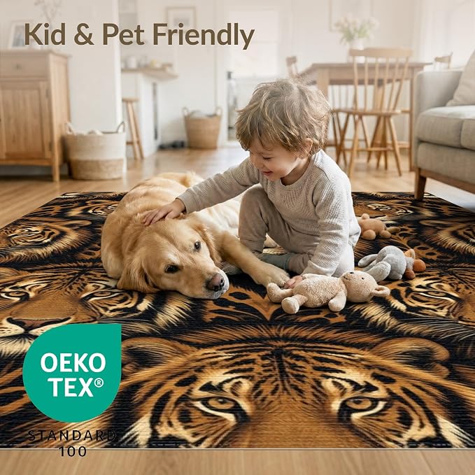 8'x10' Washable Flatwoven Rug, Orange Modern Tiger Print Stain Resistant Extra Large Carpet Non-Slip Chair-Friendly Mat for Dining Room, Large Office, Lounge | Ref:2229845