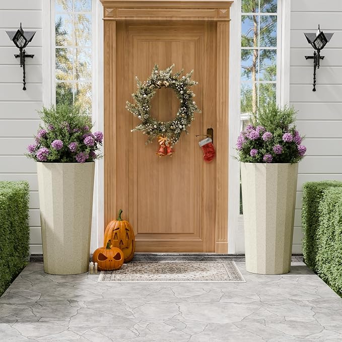 23.6" Tall Outdoor Planters Set of 2, Large Planters for Outdoor Plants for Porch Decor with Drainage Hole, Wide Stripe Design Porch Flower Pots for Indoor Pot Patio/Garden, Off White