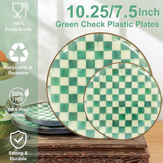 U-QE 20PCS Green Plastic Plates for Party - Retro Checkered Plates Disposable Heavy Duty - White and Green Disposable Plate for Party, Birthdays - 10 10.25 Inch Dinner and 10 7.5 Inch Dessert Plate