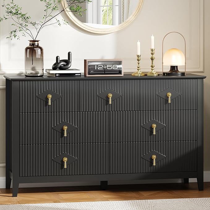 GarveeHome Fluted Dresser for Bedroom, 54 Inch Wide 7-Drawer Wood Dresser, Modern Chest of Drawers, Storage Organizer Cabinet for Living Room, Hallway, Entryway, Black