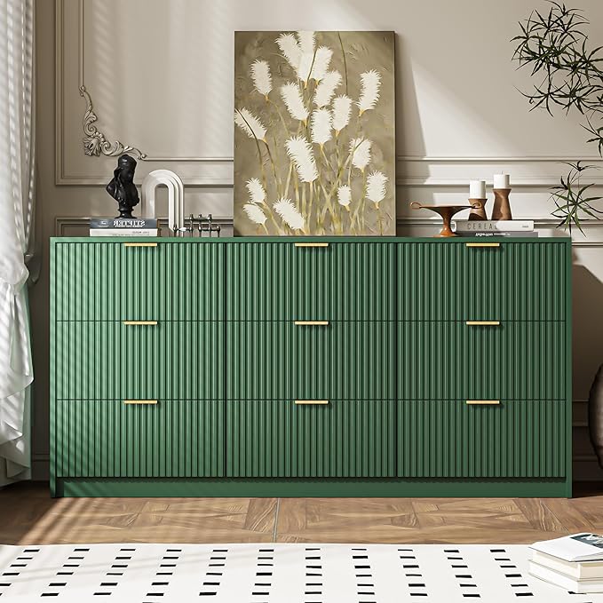 3-Piece Dresser Bedroom Set, 9 Drawer Dresser & 3 Drawer Nightstands with Gold Handles, Fluted Wood Chest of Drawers for Bedroom, Living Room, Entryway, Green