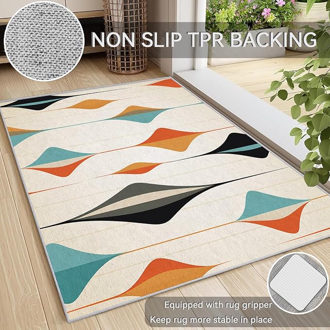 Mid Century Modern Rug 6x9, Washable Retro Geometric Rugs for Living Room Bedroom, Minimalist Area Rug for Home Decor, Non Slip Backing Floor Carpet with Gripper - 6 x 9 ft