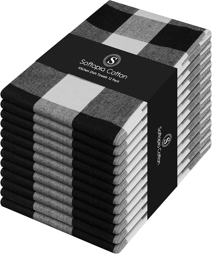 Black Buffalo Check Plaid Kitchen Towels, 12 Pack, 100% Cotton, 16x26 Inches, Super Absorbent, Quick Dry, Soft, Dish Drying & Cleaning Towels with Hanging Loop, Black and White