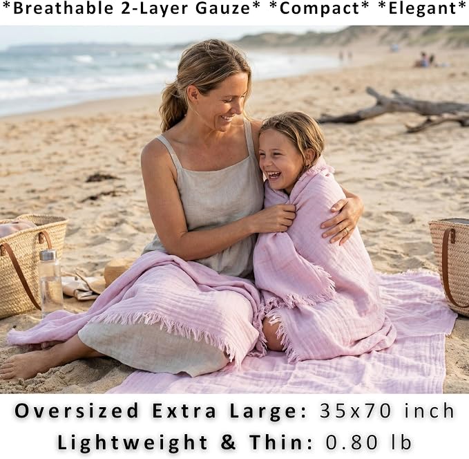PÜSKÜL - Premium 2-Piece Oversized Muslin Bath Towel for Adult 35x70 Extra Large Bath Sheets | Natural 100% Turkish Cotton Soft Absorbent Quick-Dry Thin Spa & Beach Towels (Pack of 2, Light Pink)