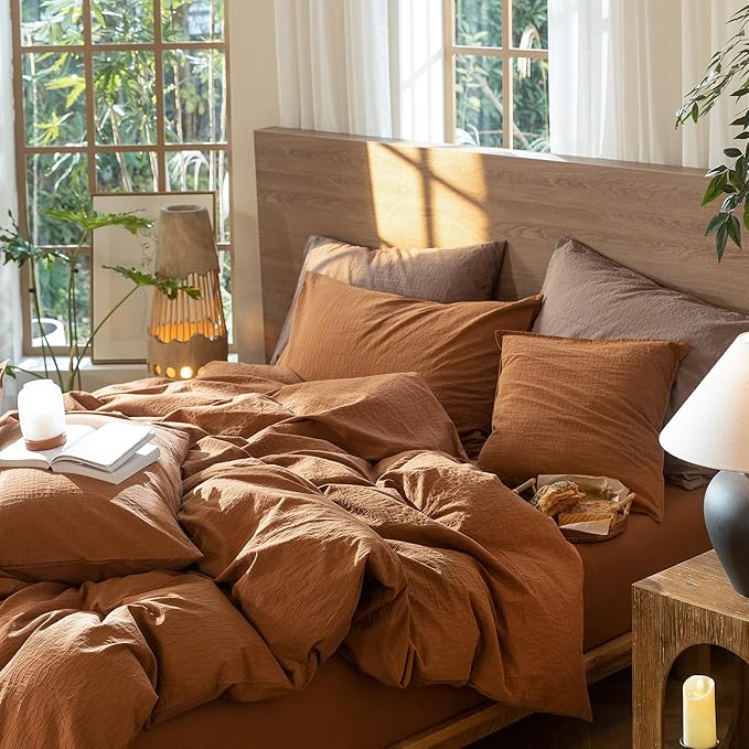 MooMee Wavy Striped Duvet Cover Set 100% Washed Cotton Linen Like Textured Breathable Durable Soft Comfy (Dark Orange, Super King 108"x98")