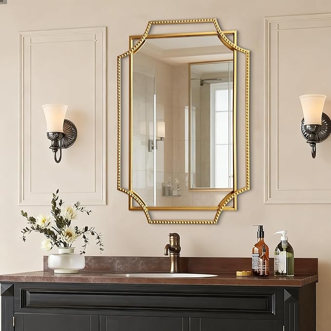 Gold Bathroom Mirror with Metal Frame 24"x36" Antique Beaded Decorative Wall Vanity Mirror Rectangle Polished Beveled Mirrors for Bedroom Entryway Fireplace