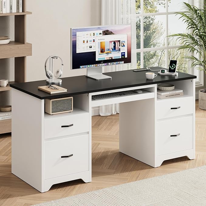 Bestier 59” Computer Desk with 4 Drawers, Office Desk with Storage, Modern Executive Desk with Charging Station, Keyboard Tray & Wooden Pedestals on Both Sides for Home Office & Studio, White