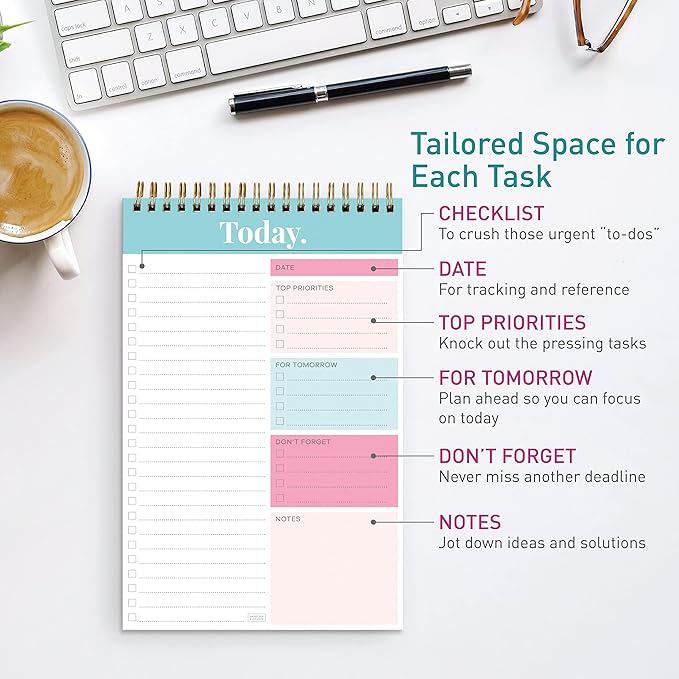 S&O Daily Planner Notepad for Productivity - 52 Page Routine To Do List - Undated Writing pad and Organizer - Every day To Do List Scheduler- Coiled Task Organizer - Regular calendar Planner - TEAL