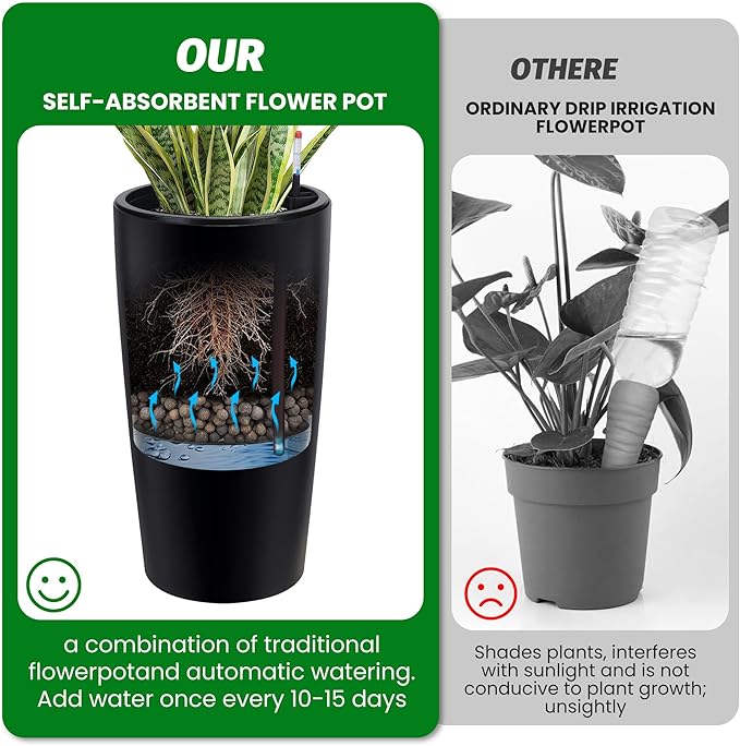 GarveeLife 30 in Tall Planters for Outdoor Plants Set of 2, Large Outdoor Planters for Front Porch Decor with Drainage Holes＆Water Level Monitor ＆Inner Bucket, Automatic Watering, Black