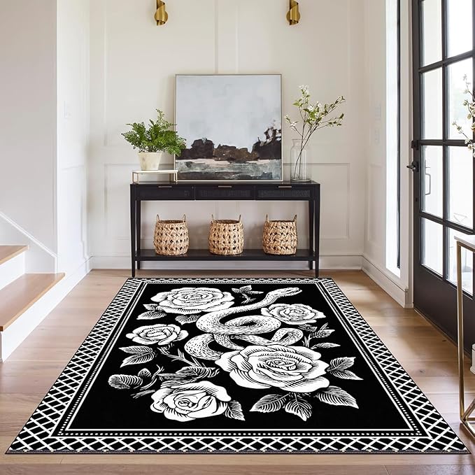 3'x5' Gothic Snake and Rose Area Rug Black and White Floral Vine Floor Mat Retro Boho Carpet Washable Low Pile Indoor Rugs for Entryway Bedroom Living Room Kitchen Home Decor