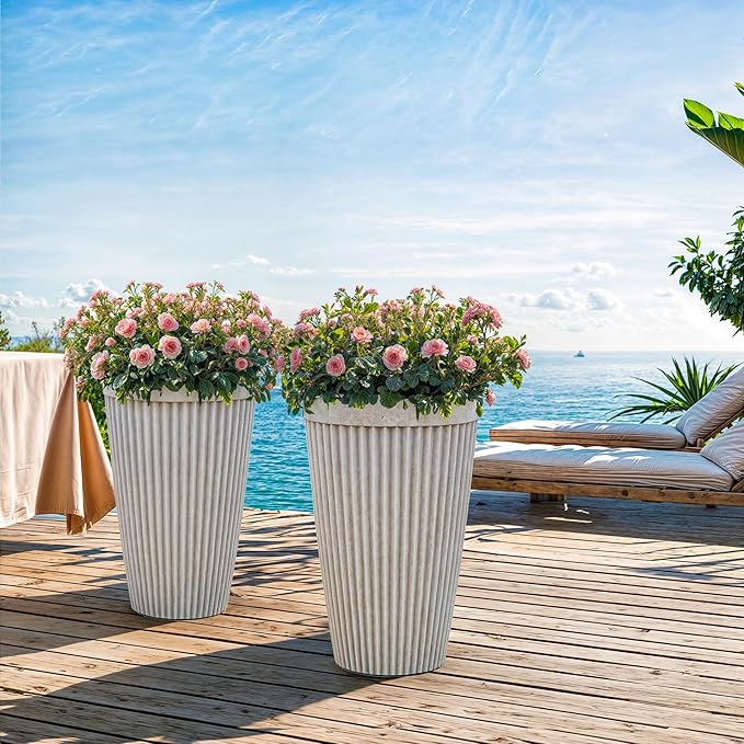 20" Vintage Resin Planters for Outdoor Plants, Gray Flower Pots with Handmade Fluted Texture, Weatherproof for Year-Round Indoor/Outdoor Use