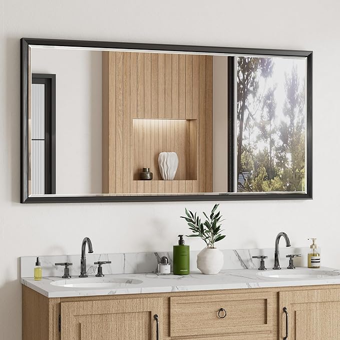 48 x 24 Black Framed Mirror for Bathroom, Beveled Black Bathroom Vanity Mirror Anti-Rust, Shatterproof Matte Black Rectangle Metal Frame Mirror, Vertical/Horizontal Large Wall-Mounted Mirrors