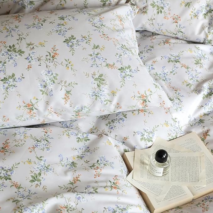 HighBuy Lightweight Cotton Floral Duvet Cover Twin XL Yellow Blue Floral Pattern Bedding Set Twin XL Vintage Boho Floral Comforter Cover 2 Pillowcases Aesthetic Green Botanical Duvet Cover Set