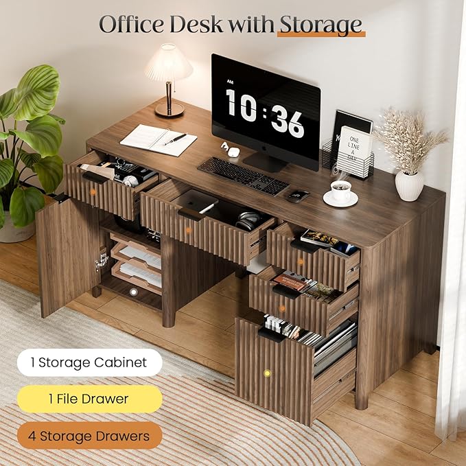 58" Fluted Home Office Desks with Storage, Modern Executive Desk Computer Desks with 5 Drawers & Cabinet, Wood Work Desk File Drawer for Office, Bedroom, Study, Living Room, Walnut