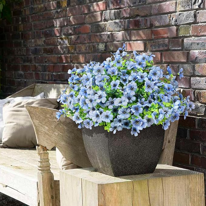 Artificial Flowers Outdoor Faux Plants UV Resistant Fake Patio Flowers Plastic Greenery Plnats Outside Bulk for Spring Garden Hanging Planter Home Vase Decor, 12 Bundles (Blue)